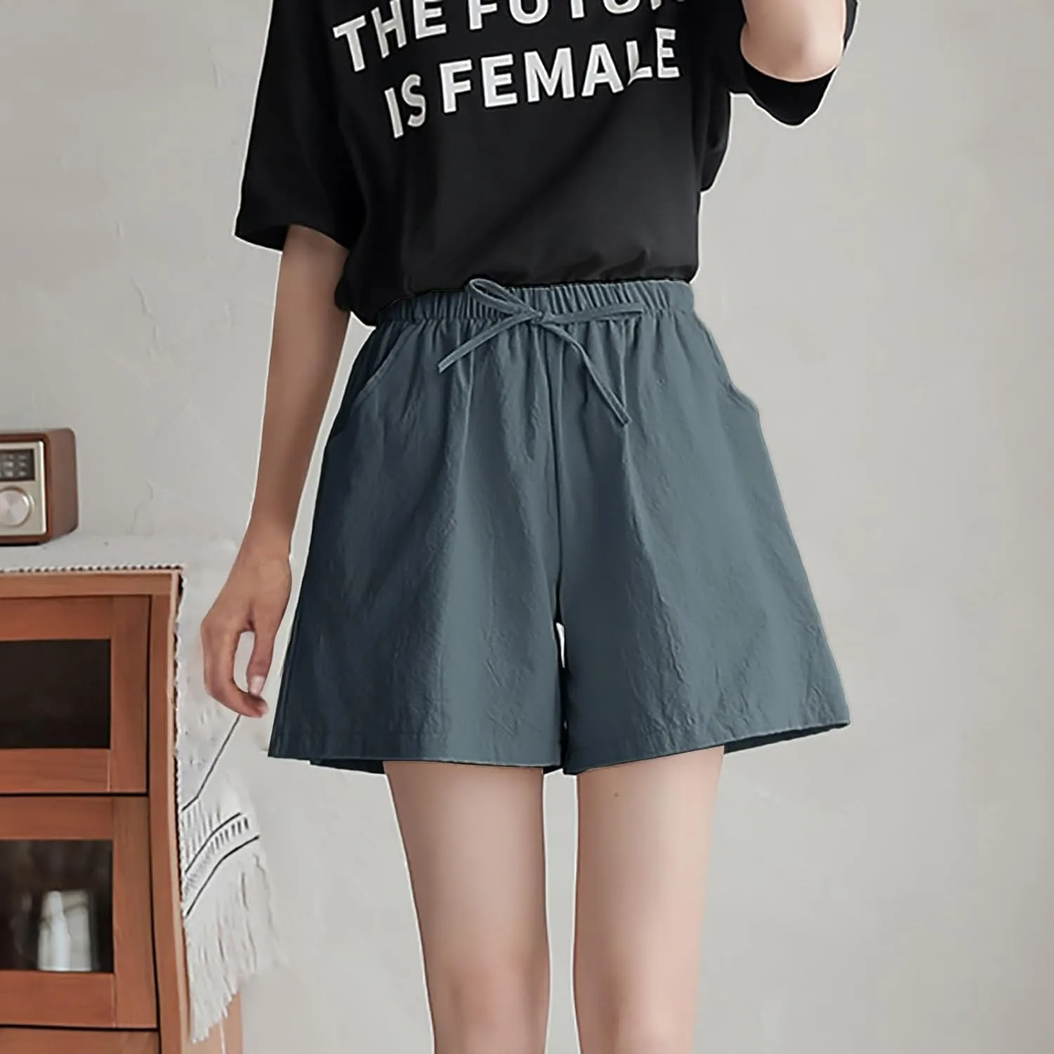 Linen Shorts for Women Plus Size Casual Pull On Pants Beach Lightweight Summer Boho Drawstring Trousers