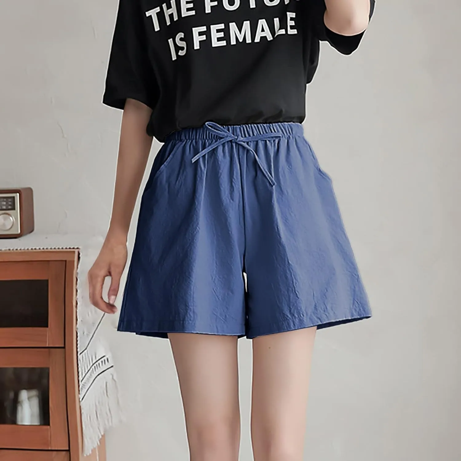 Linen Shorts for Women Plus Size Casual Pull On Pants Beach Lightweight Summer Boho Drawstring Trousers