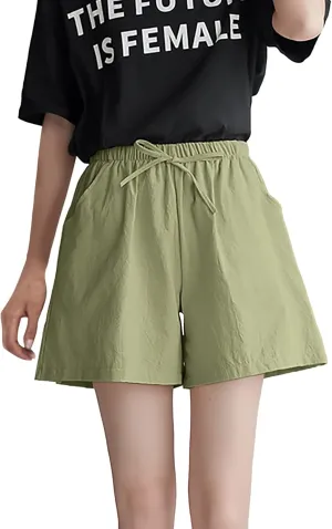 Linen Shorts for Women Plus Size Casual Pull On Pants Beach Lightweight Summer Boho Drawstring Trousers