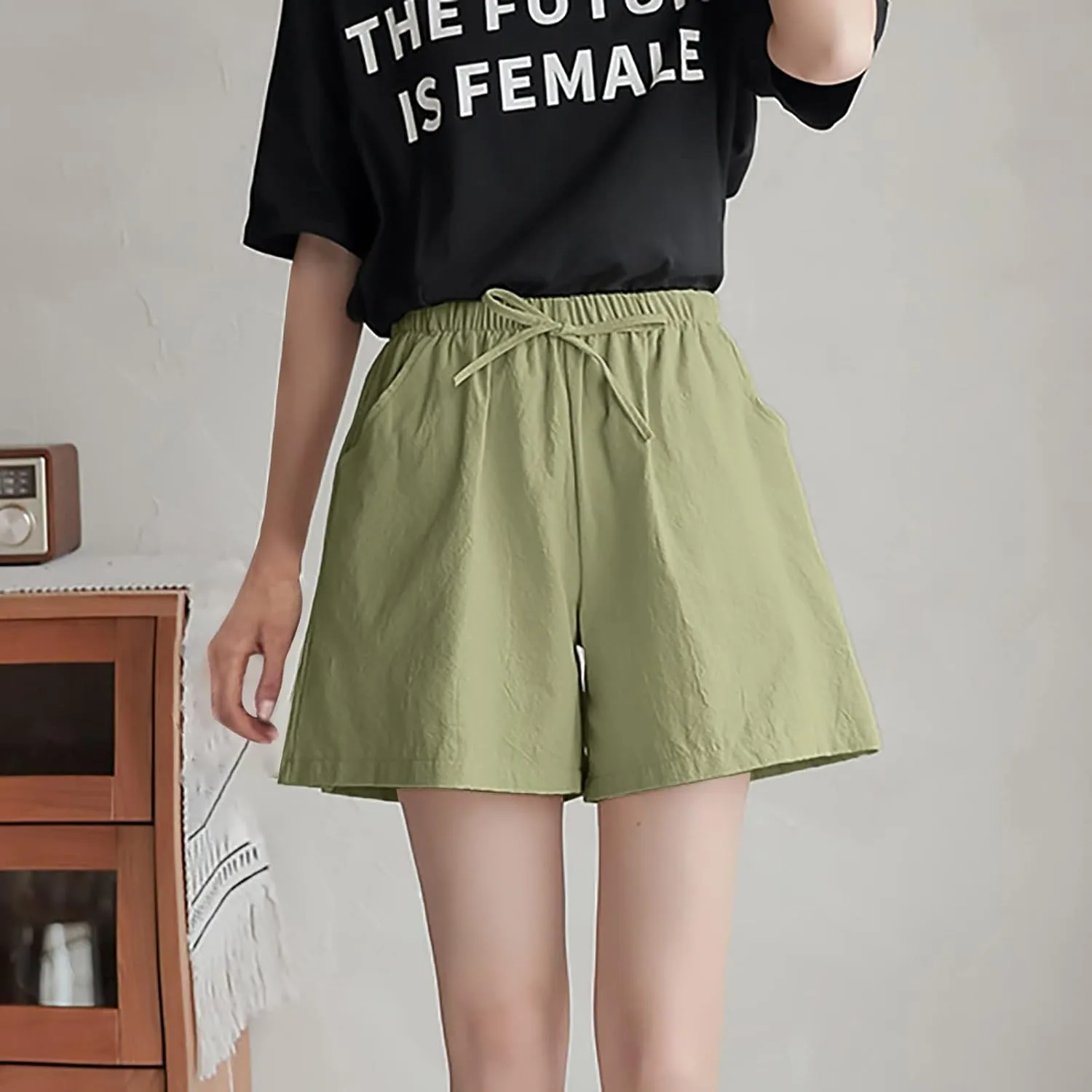 Linen Shorts for Women Plus Size Casual Pull On Pants Beach Lightweight Summer Boho Drawstring Trousers