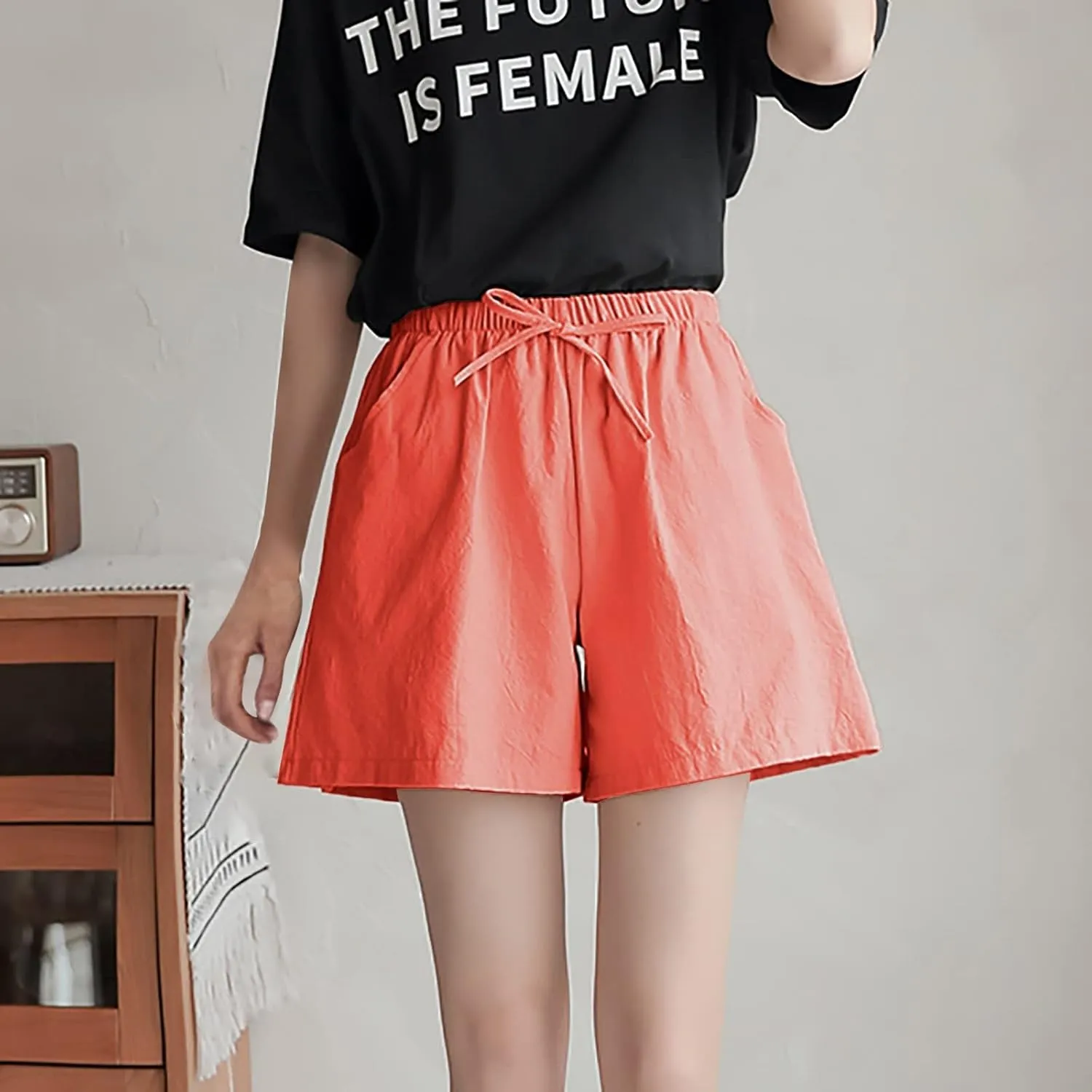 Linen Shorts for Women Plus Size Casual Pull On Pants Beach Lightweight Summer Boho Drawstring Trousers