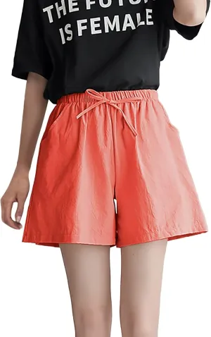 Linen Shorts for Women Plus Size Casual Pull On Pants Beach Lightweight Summer Boho Drawstring Trousers