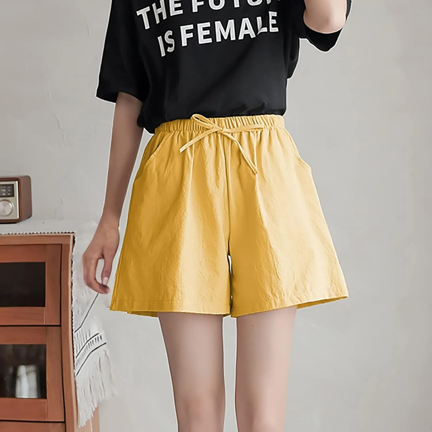 Linen Shorts for Women Plus Size Casual Pull On Pants Beach Lightweight Summer Boho Drawstring Trousers