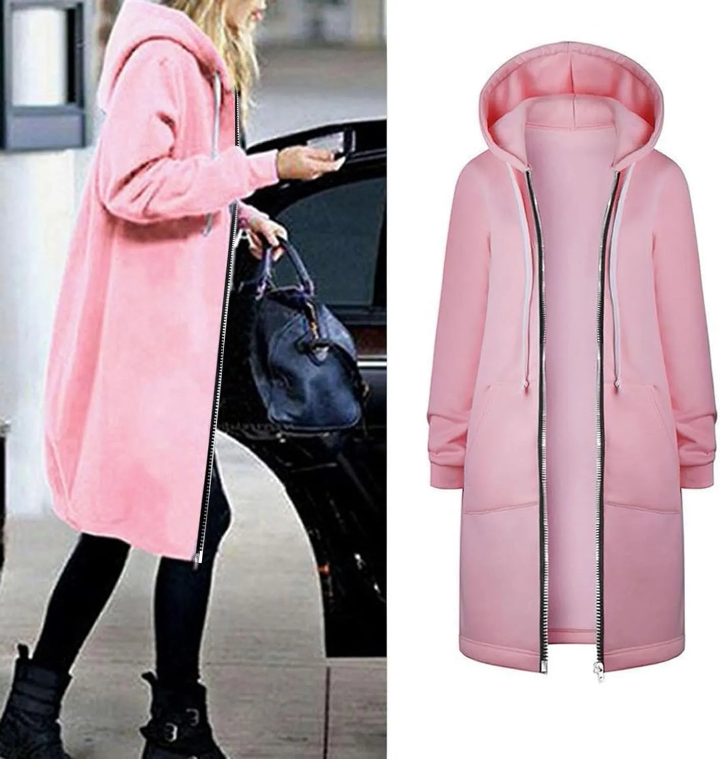 Long Hoodie for Women Zip Up Drawstring Fleece Warm Oversized Sweatshirt Jackets Fall Winter Open Front Cardigan Coat