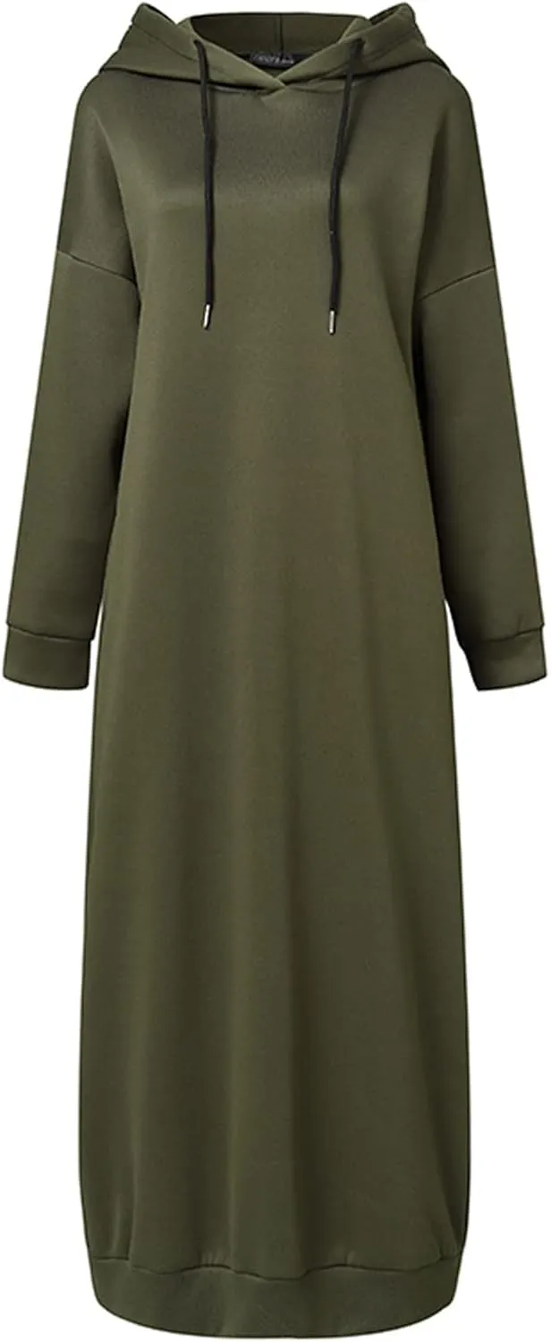 Long Hoodies for Women Solid Color Muslim Prayer Dress Drawstring Long Sleeve Oversized Hooded Sweatshirts Pullover Clothes