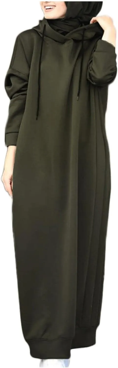 Long Hoodies for Women Solid Color Muslim Prayer Dress Drawstring Long Sleeve Oversized Hooded Sweatshirts Pullover Clothes