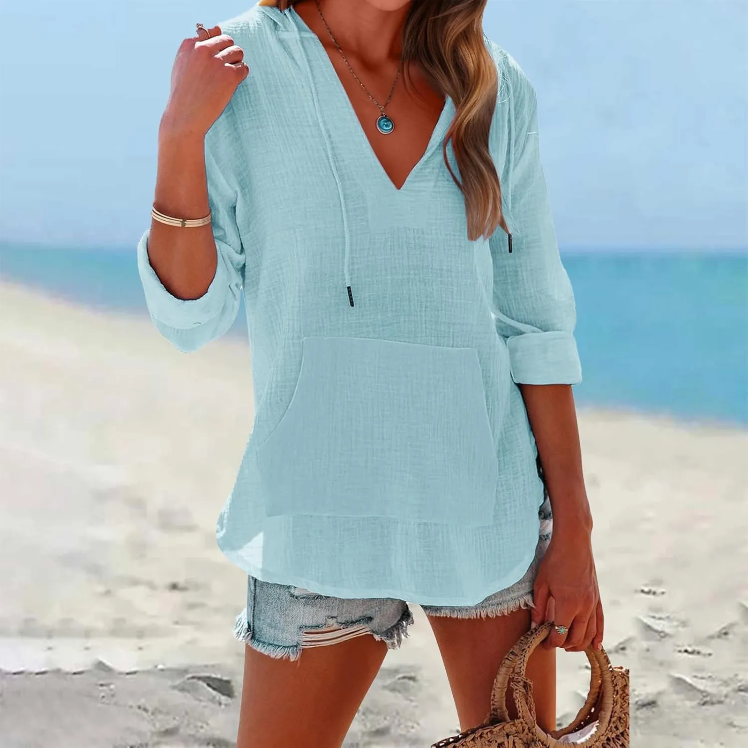 Long Sleeve Shirts for Women Casual V Neck Linen T Shirts Lightweight Pullover Tops Hoodie Sweatshirts Beach Cover Up