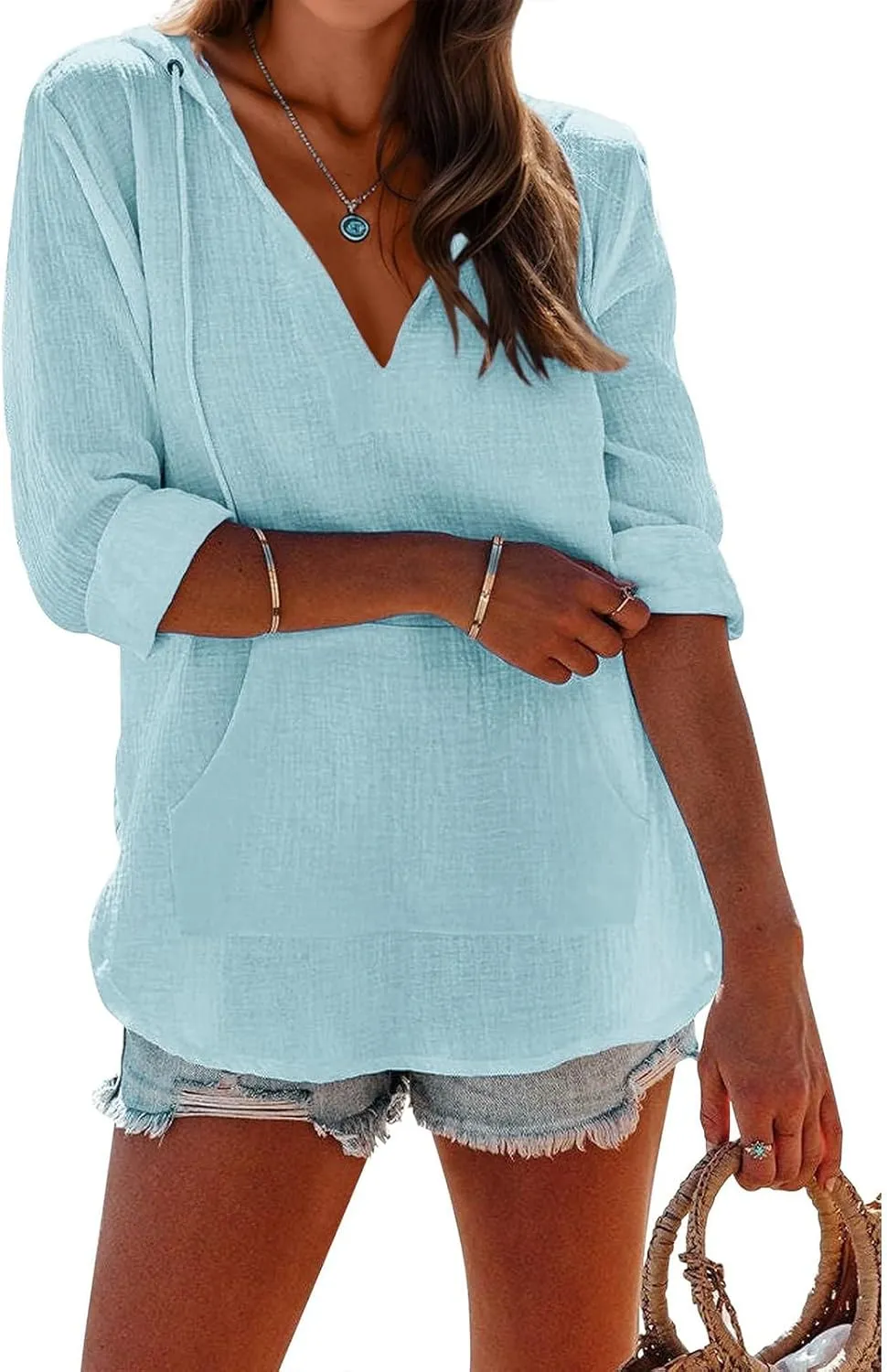 Long Sleeve Shirts for Women Casual V Neck Linen T Shirts Lightweight Pullover Tops Hoodie Sweatshirts Beach Cover Up
