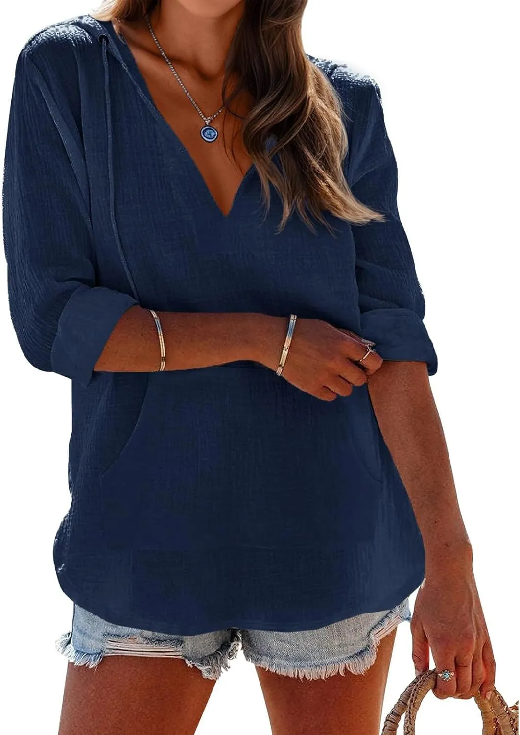 Long Sleeve Shirts for Women Casual V Neck Linen T Shirts Lightweight Pullover Tops Hoodie Sweatshirts Beach Cover Up