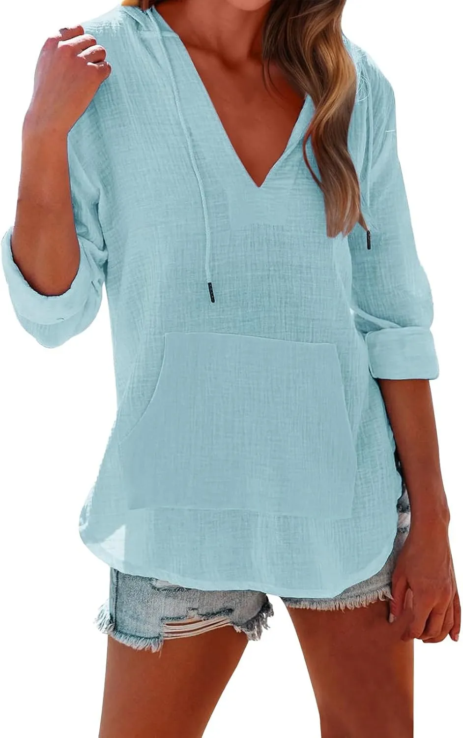 Long Sleeve Shirts for Women Casual V Neck Linen T Shirts Lightweight Pullover Tops Hoodie Sweatshirts Beach Cover Up