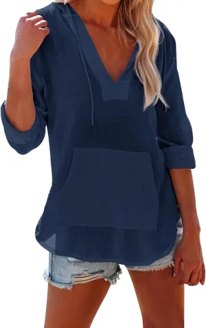 Long Sleeve Shirts for Women Casual V Neck Linen T Shirts Lightweight Pullover Tops Hoodie Sweatshirts Beach Cover Up