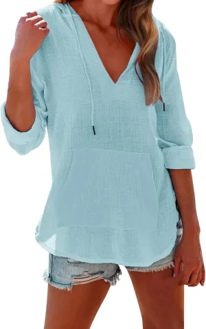 Long Sleeve Shirts for Women Casual V Neck Linen T Shirts Lightweight Pullover Tops Hoodie Sweatshirts Beach Cover Up