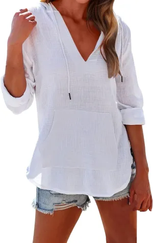 Long Sleeve Shirts for Women Casual V Neck Linen T Shirts Lightweight Pullover Tops Hoodie Sweatshirts Beach Cover Up