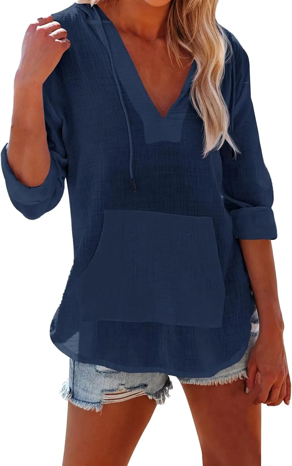 Long Sleeve Shirts for Women Casual V Neck Linen T Shirts Lightweight Pullover Tops Hoodie Sweatshirts Beach Cover Up