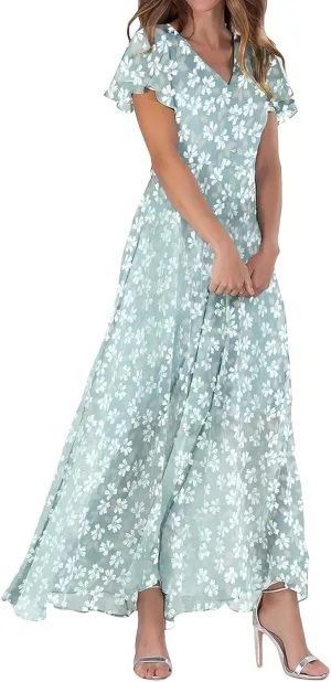 Long Spring Dresses for Women 2025, Floral Chiffon Dress, Casual V Neck Maxi Dress, Short Sleeve Ruffle Party Dress
