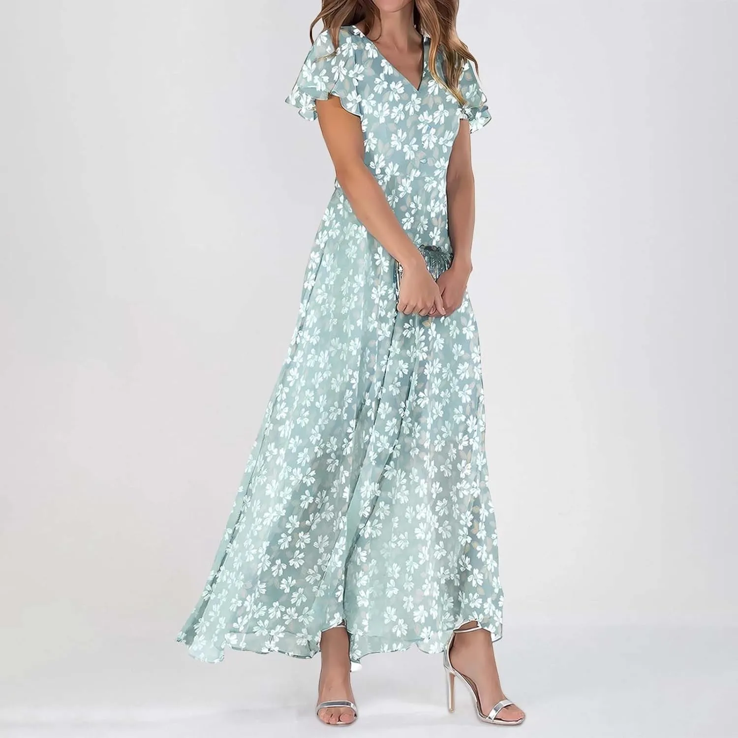 Long Spring Dresses for Women 2025, Floral Chiffon Dress, Casual V Neck Maxi Dress, Short Sleeve Ruffle Party Dress