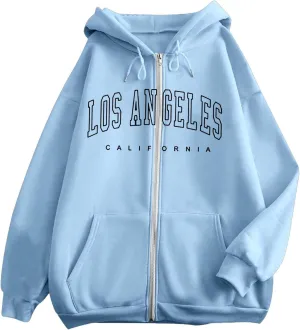 Los Angeles Zipper Hoodies for Women Teen Girls Oversized Full Zip Up Long Sleeve Hooded Sweatshirt Coat Fall Fashion Outfits