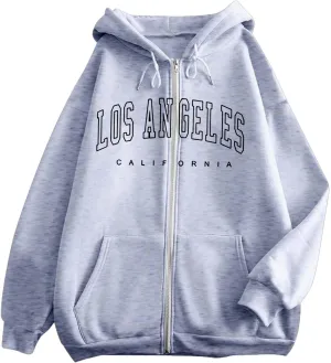 Los Angeles Zipper Hoodies for Women Teen Girls Oversized Full Zip Up Long Sleeve Hooded Sweatshirt Coat Fall Fashion Outfits
