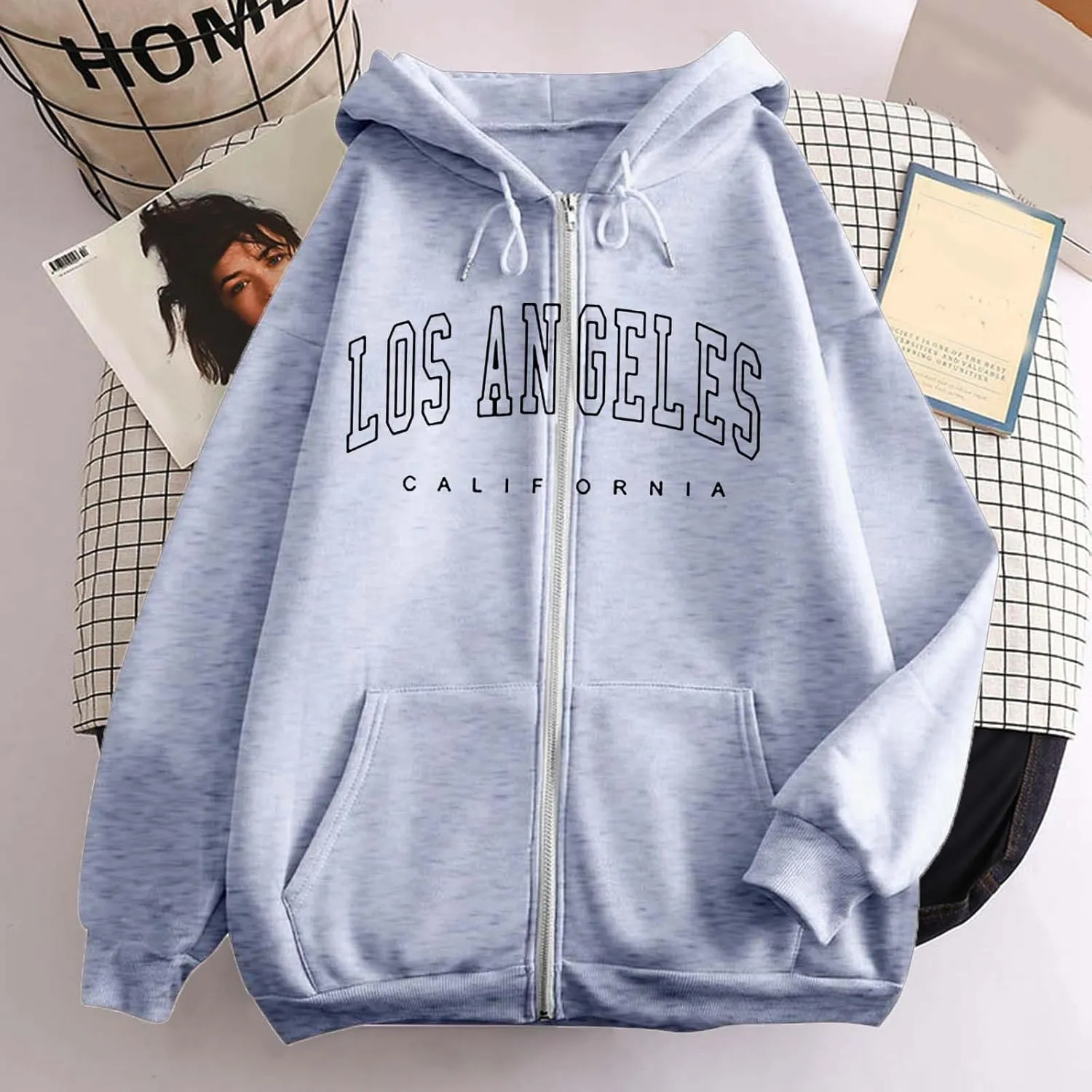 Los Angeles Zipper Hoodies for Women Teen Girls Oversized Full Zip Up Long Sleeve Hooded Sweatshirt Coat Fall Fashion Outfits