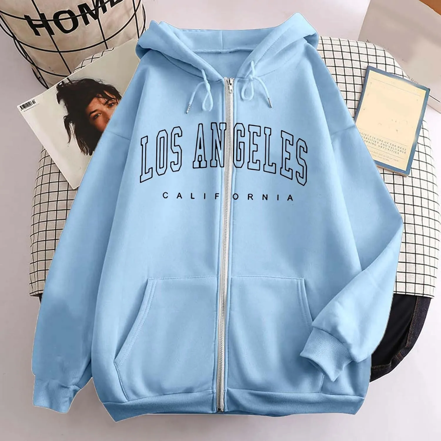 Los Angeles Zipper Hoodies for Women Teen Girls Oversized Full Zip Up Long Sleeve Hooded Sweatshirt Coat Fall Fashion Outfits