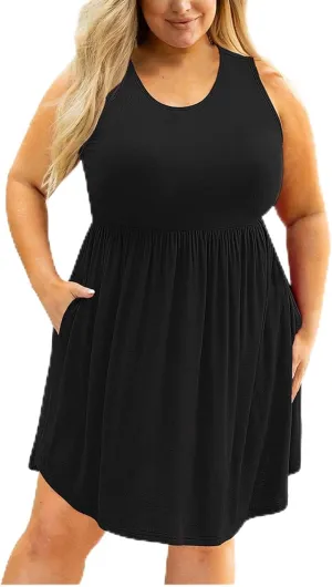 Lpmadey Women Sleeveless Loose Plain Casual Plus Size Midi Dress with Pockets Ruched Elastic Waist A-Line Flowy Sundress