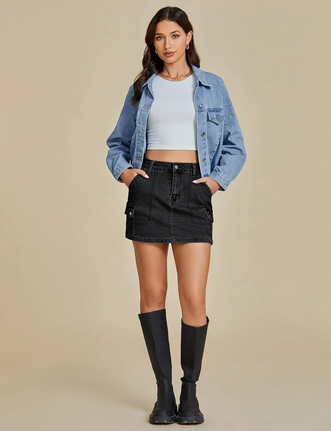 luvamia Jean Skirts for Women Denim Trendy High Waisted Mini Cargo Pockets Stretchy Short Skirt Country Concert Outfits