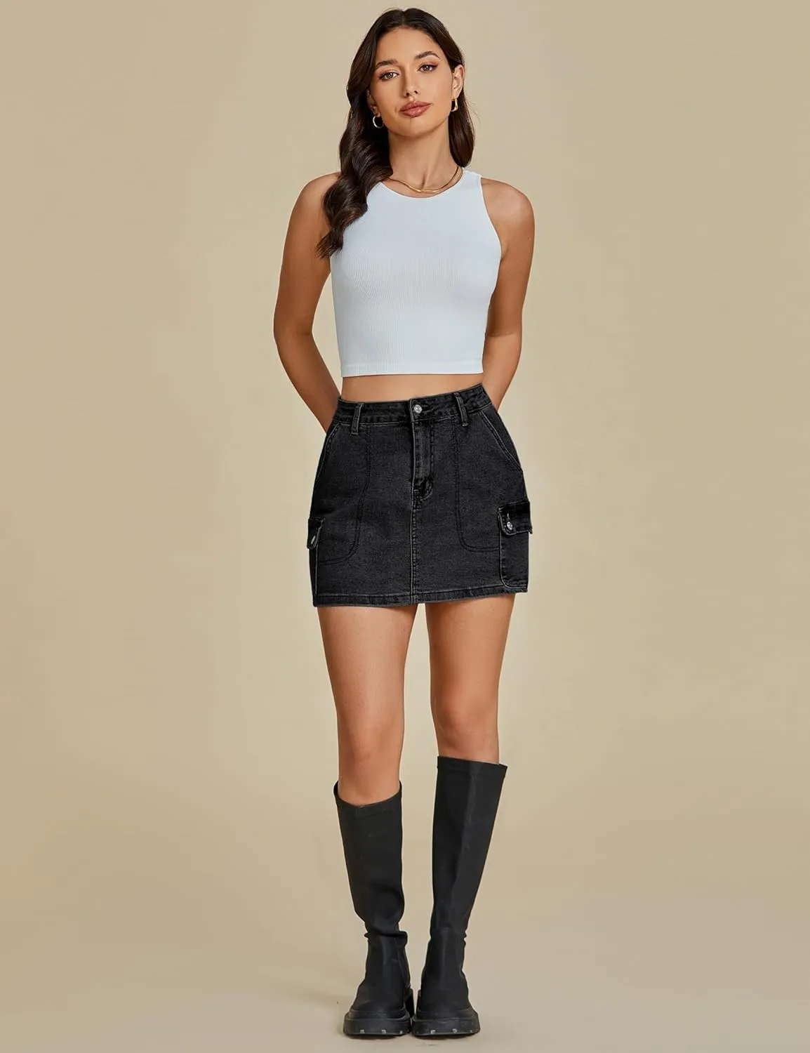 luvamia Jean Skirts for Women Denim Trendy High Waisted Mini Cargo Pockets Stretchy Short Skirt Country Concert Outfits