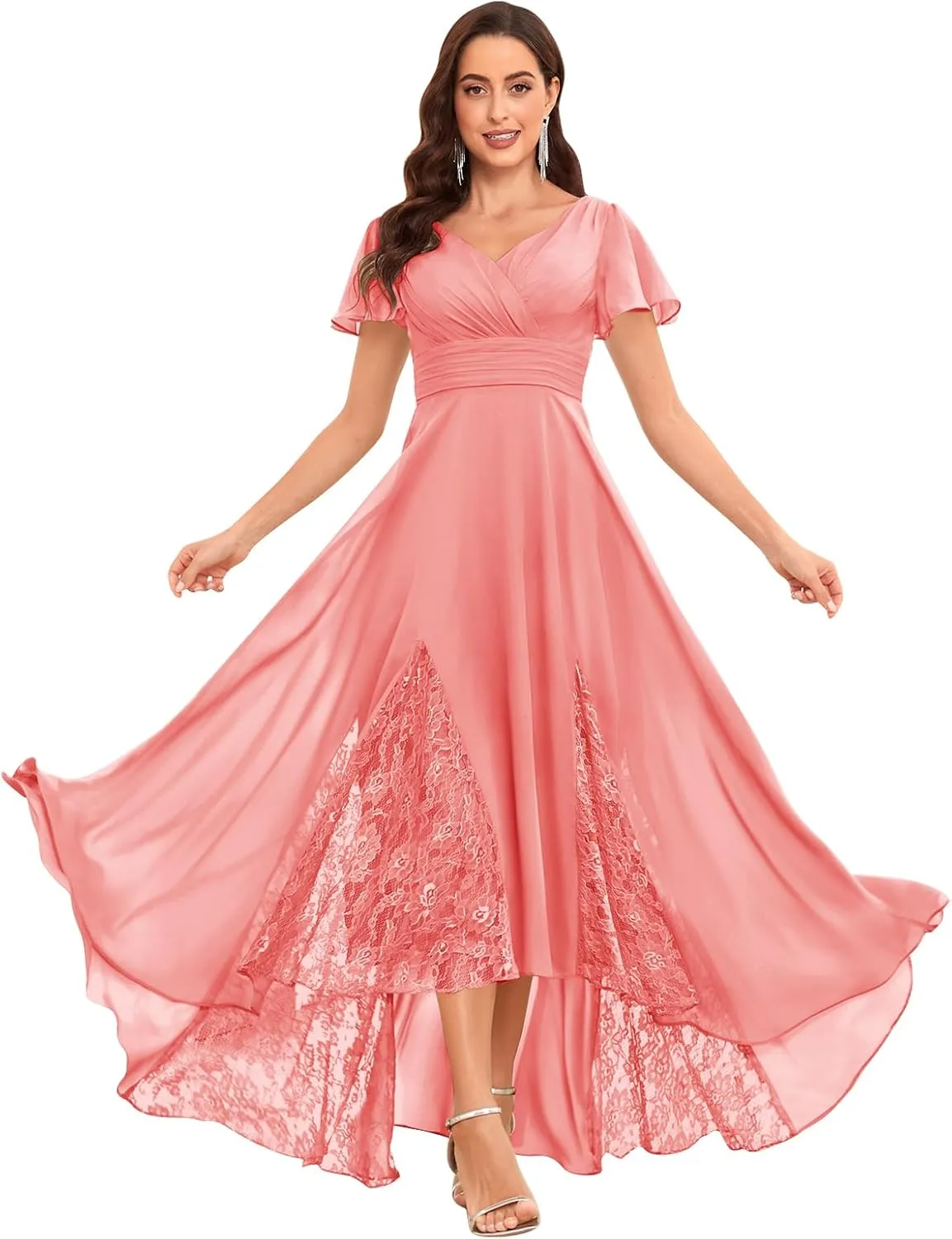 MAGGCIF Lace Tea Length Mother of The Bride Dresses with Sleeves Chiffon Ruffle Long Evening Formal Wedding Guest Dress