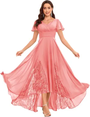 MAGGCIF Lace Tea Length Mother of The Bride Dresses with Sleeves Chiffon Ruffle Long Evening Formal Wedding Guest Dress