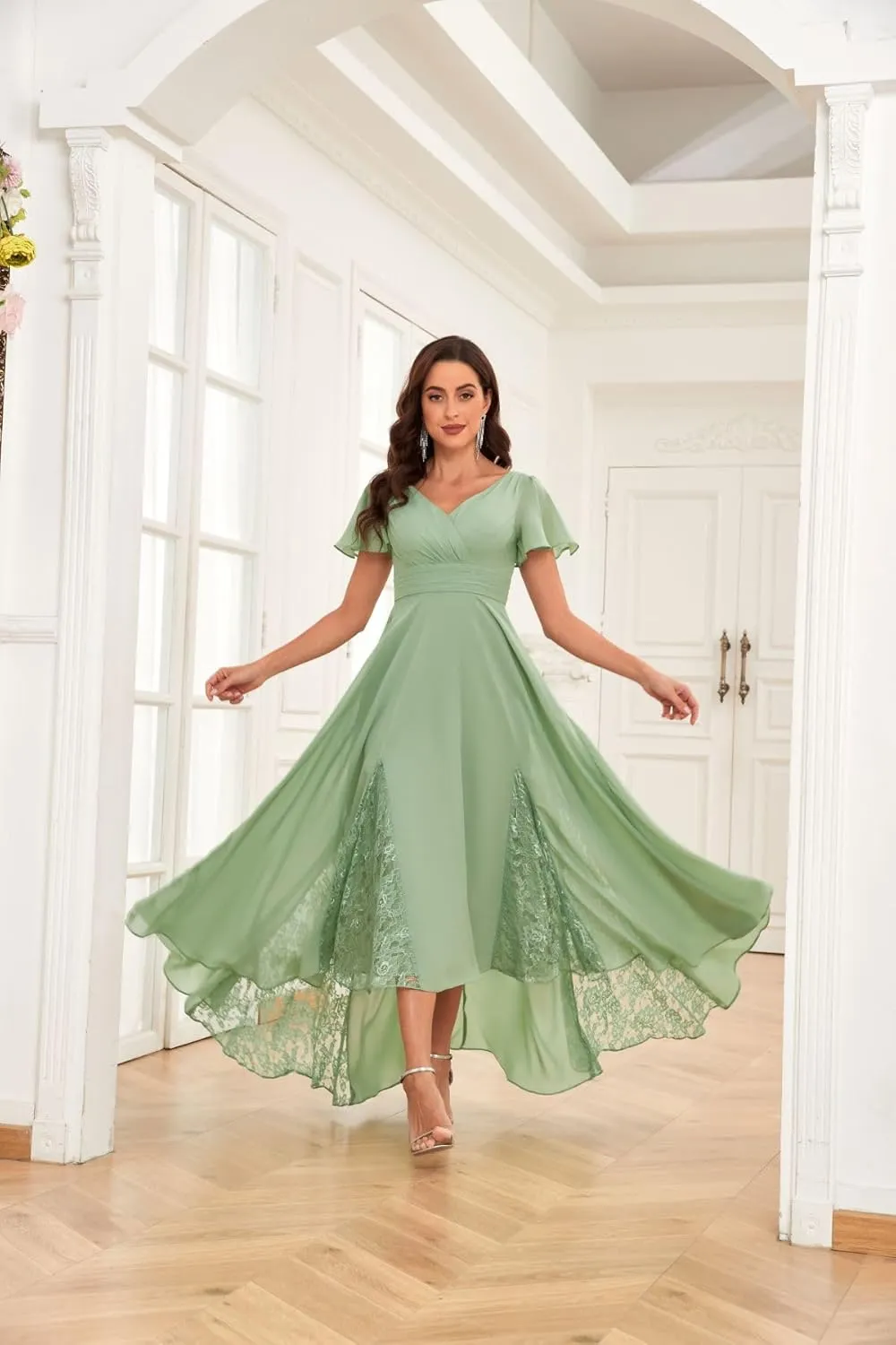 MAGGCIF Lace Tea Length Mother of The Bride Dresses with Sleeves Chiffon Ruffle Long Evening Formal Wedding Guest Dress
