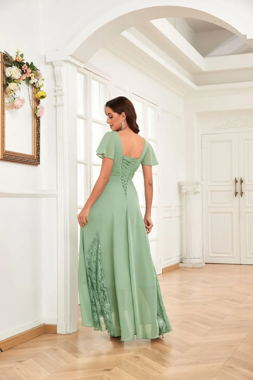 MAGGCIF Lace Tea Length Mother of The Bride Dresses with Sleeves Chiffon Ruffle Long Evening Formal Wedding Guest Dress