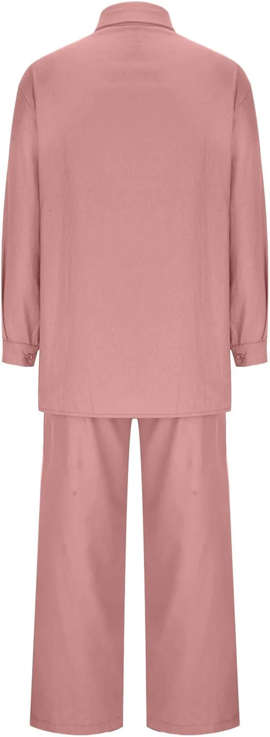 maisdgop Womens 2 Piece Outfits Summer Cotton Linen Set Casual Long Sleeve Button down Shirts and Pants Suits with Pockets
