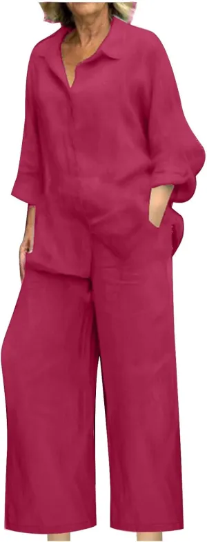 maisdgop Womens 2 Piece Outfits Summer Cotton Linen Set Casual Long Sleeve Button down Shirts and Pants Suits with Pockets