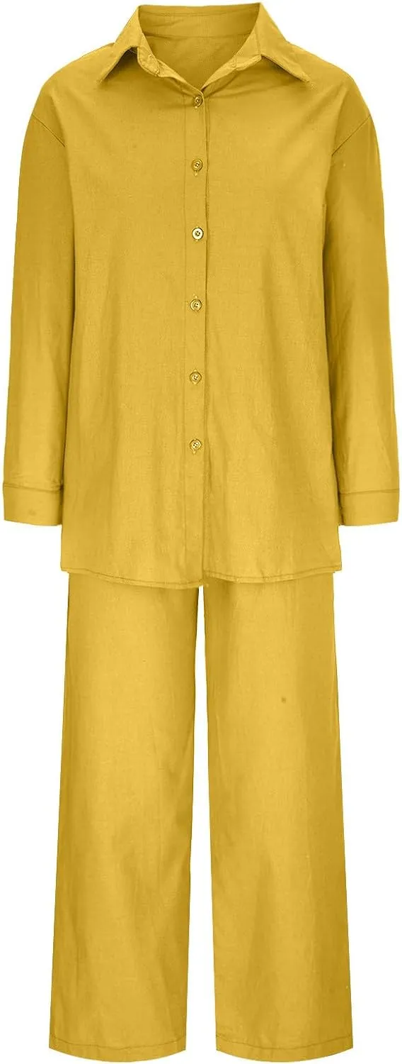 maisdgop Womens 2 Piece Outfits Summer Cotton Linen Set Casual Long Sleeve Button down Shirts and Pants Suits with Pockets