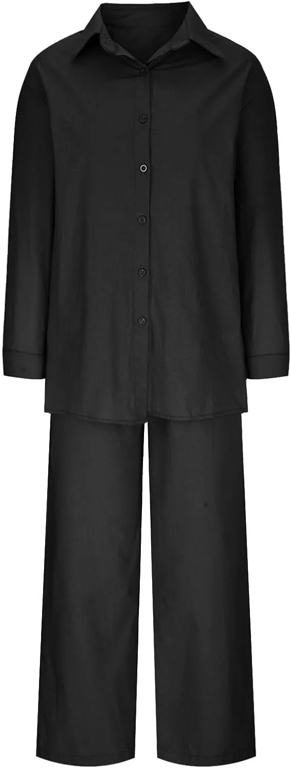 maisdgop Womens 2 Piece Outfits Summer Cotton Linen Set Casual Long Sleeve Button down Shirts and Pants Suits with Pockets