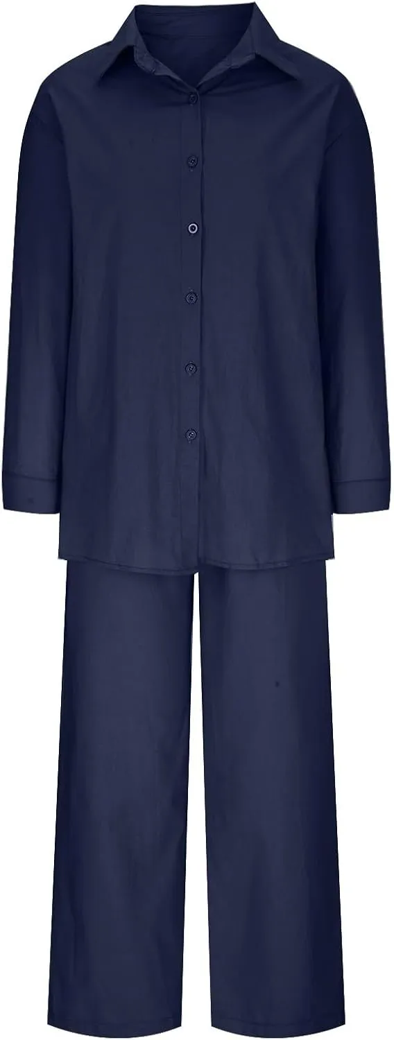 maisdgop Womens 2 Piece Outfits Summer Cotton Linen Set Casual Long Sleeve Button down Shirts and Pants Suits with Pockets