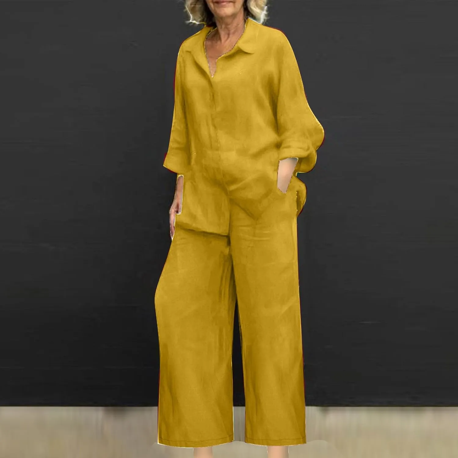 maisdgop Womens 2 Piece Outfits Summer Cotton Linen Set Casual Long Sleeve Button down Shirts and Pants Suits with Pockets