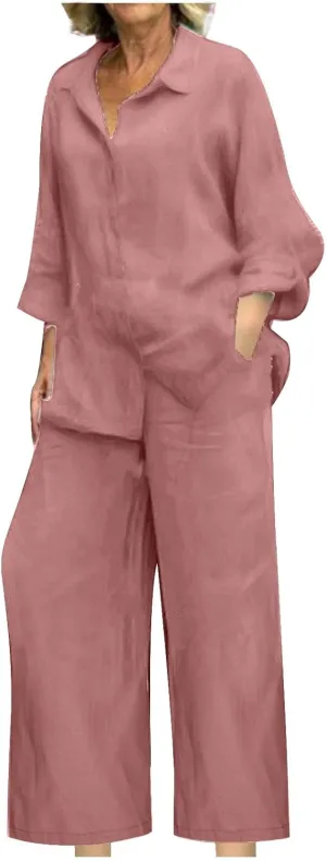 maisdgop Womens 2 Piece Outfits Summer Cotton Linen Set Casual Long Sleeve Button down Shirts and Pants Suits with Pockets
