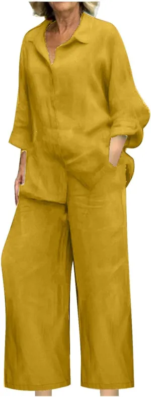 maisdgop Womens 2 Piece Outfits Summer Cotton Linen Set Casual Long Sleeve Button down Shirts and Pants Suits with Pockets