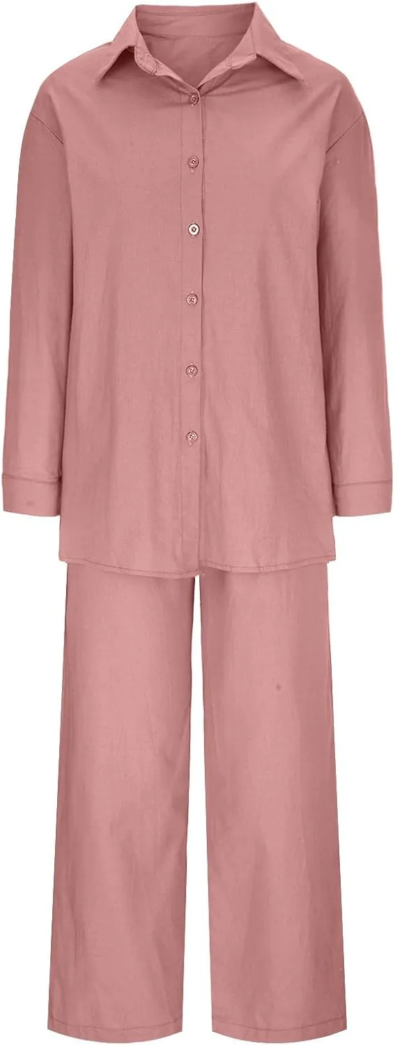 maisdgop Womens 2 Piece Outfits Summer Cotton Linen Set Casual Long Sleeve Button down Shirts and Pants Suits with Pockets