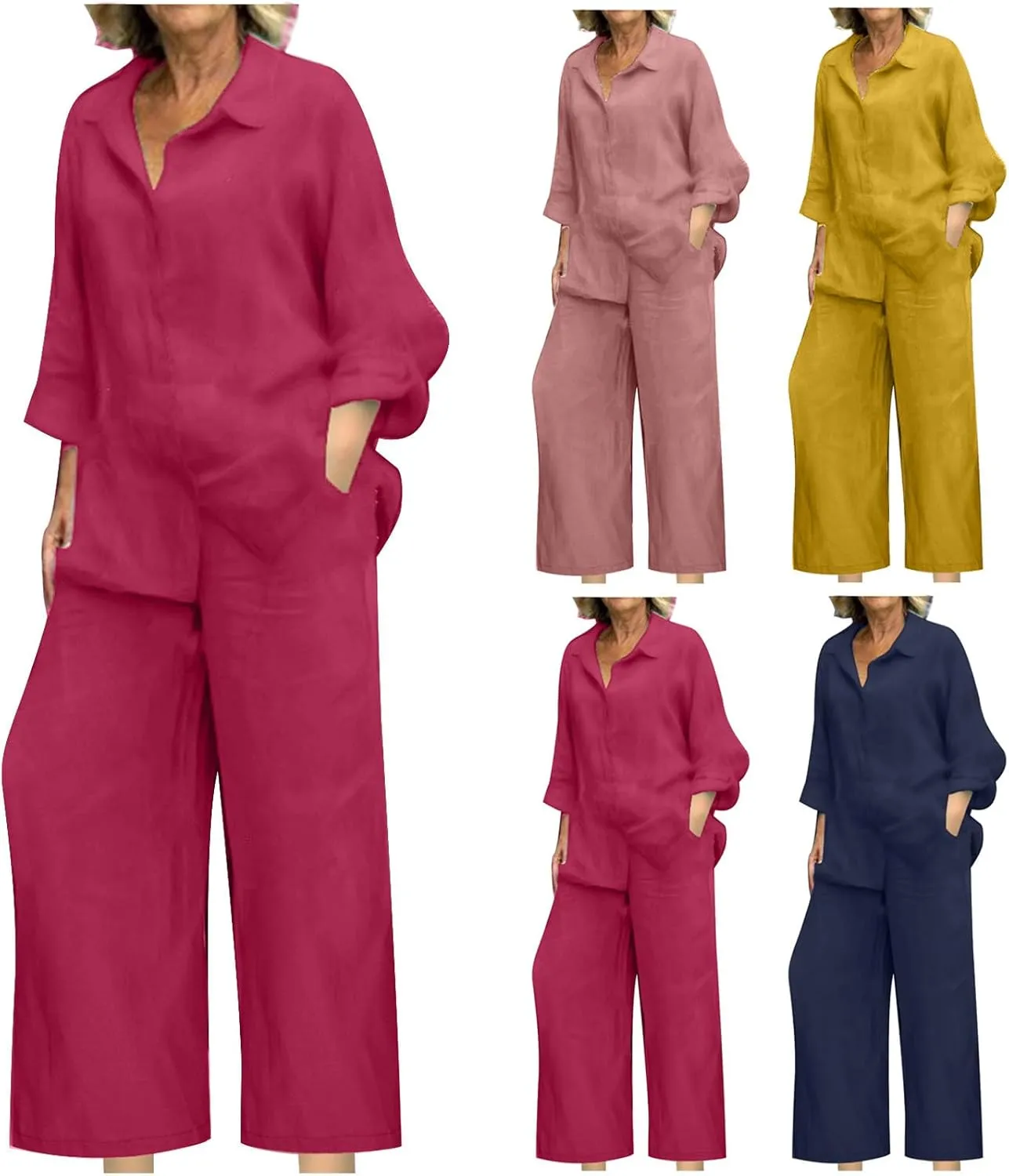 maisdgop Womens 2 Piece Outfits Summer Cotton Linen Set Casual Long Sleeve Button down Shirts and Pants Suits with Pockets
