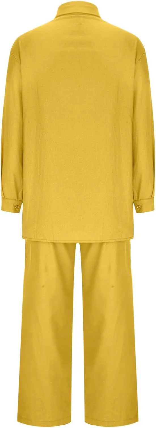 maisdgop Womens 2 Piece Outfits Summer Cotton Linen Set Casual Long Sleeve Button down Shirts and Pants Suits with Pockets