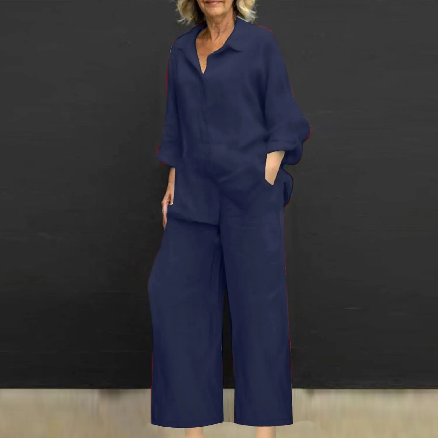 maisdgop Womens 2 Piece Outfits Summer Cotton Linen Set Casual Long Sleeve Button down Shirts and Pants Suits with Pockets