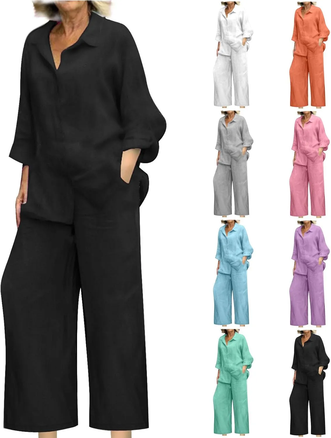 maisdgop Womens 2 Piece Outfits Summer Cotton Linen Set Casual Long Sleeve Button down Shirts and Pants Suits with Pockets