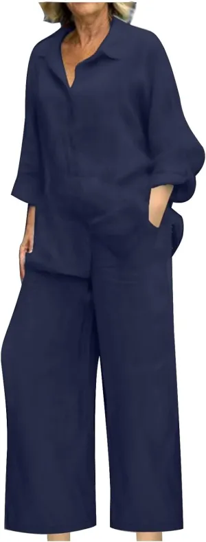 maisdgop Womens 2 Piece Outfits Summer Cotton Linen Set Casual Long Sleeve Button down Shirts and Pants Suits with Pockets
