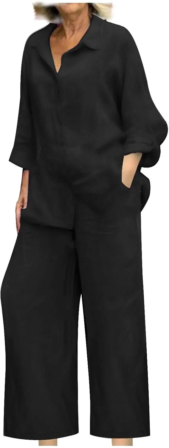 maisdgop Womens 2 Piece Outfits Summer Cotton Linen Set Casual Long Sleeve Button down Shirts and Pants Suits with Pockets