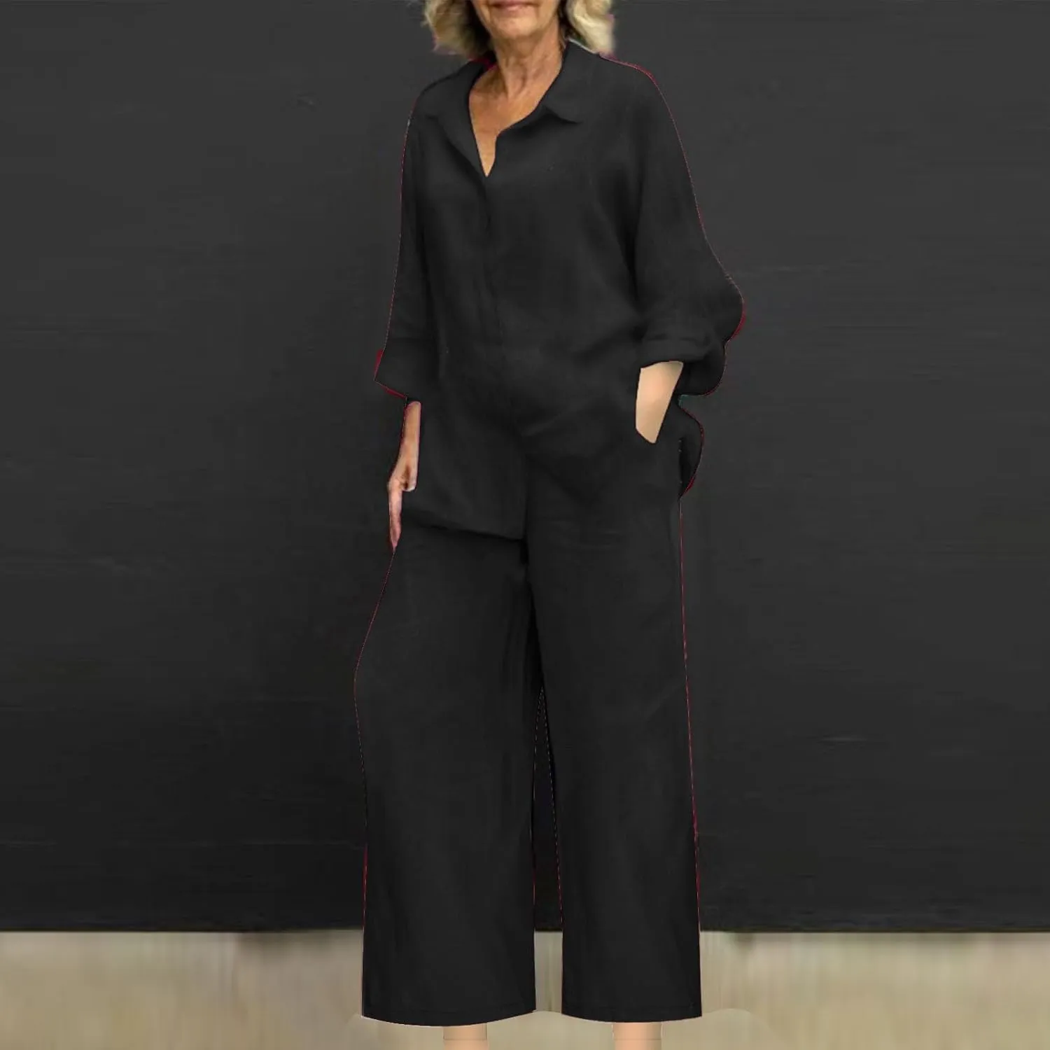 maisdgop Womens 2 Piece Outfits Summer Cotton Linen Set Casual Long Sleeve Button down Shirts and Pants Suits with Pockets