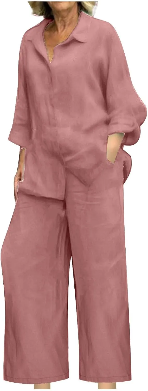 maisdgop Womens 2 Piece Outfits Summer Cotton Linen Set Casual Long Sleeve Button down Shirts and Pants Suits with Pockets