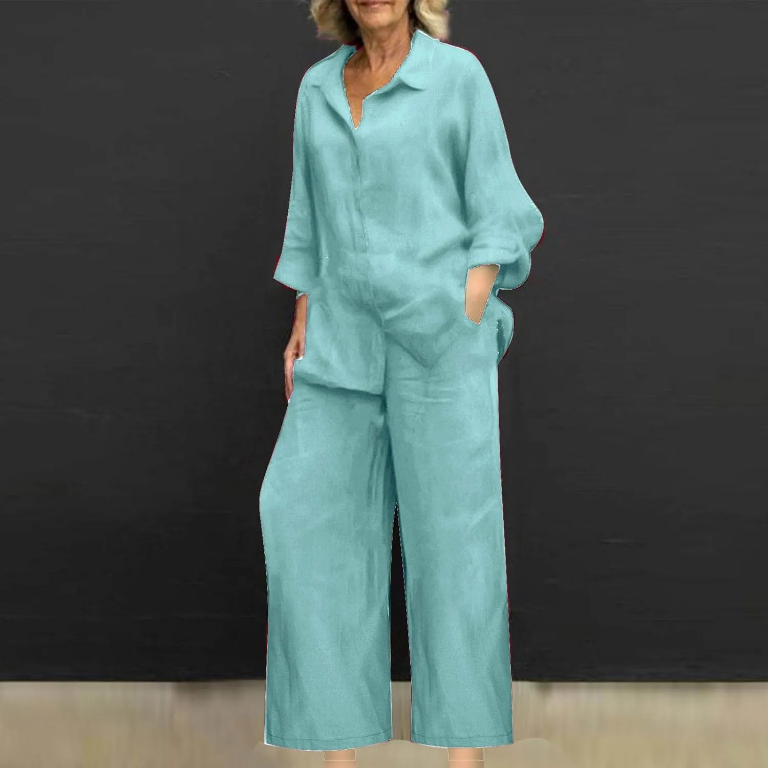 maisdgop Womens 2 Piece Outfits Summer Cotton Linen Set Casual Long Sleeve Button down Shirts and Pants Suits with Pockets