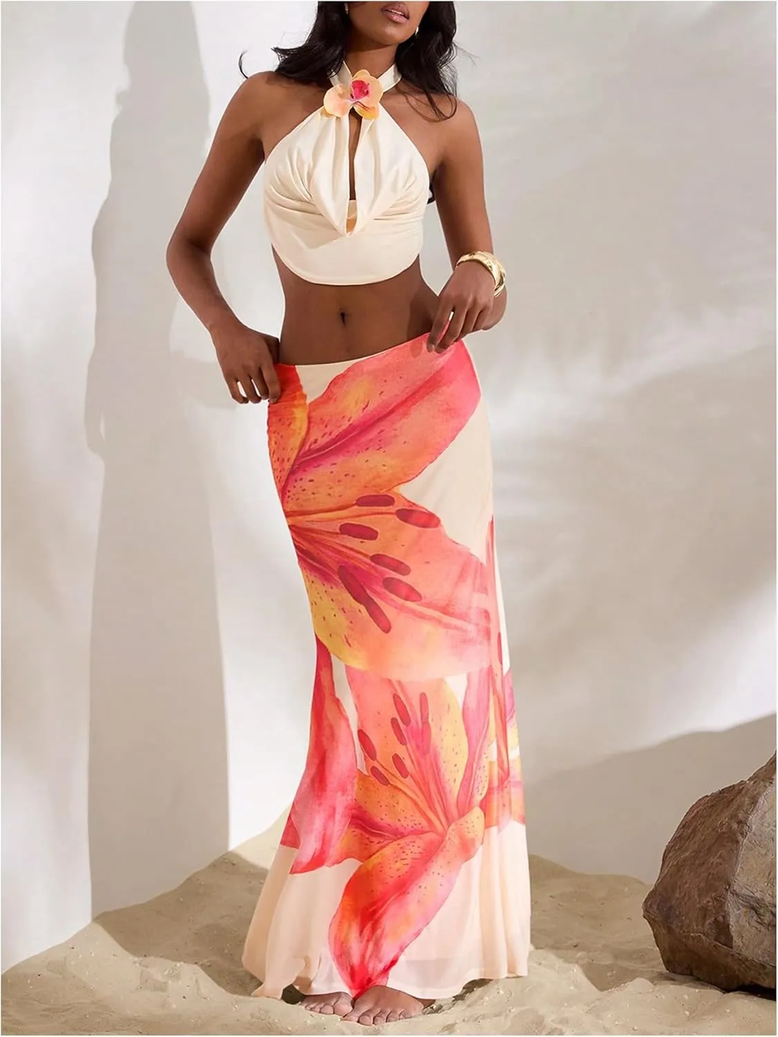MakeMeChic Floral Maxi Skirt for Women 2025 Mesh Y2k Summer Beach Long Skirt
